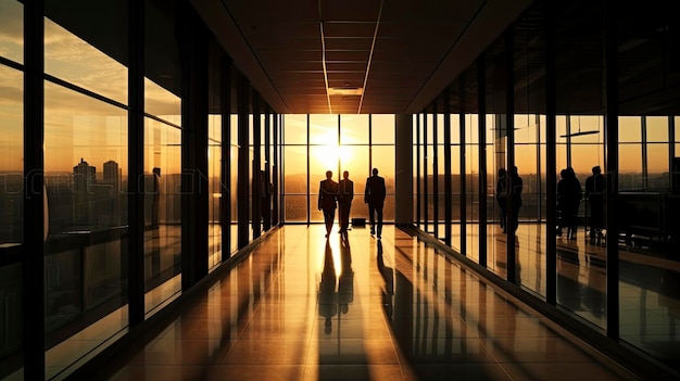 Silhouettes de gens d'affaires marchant dans un immeuble de bureaux