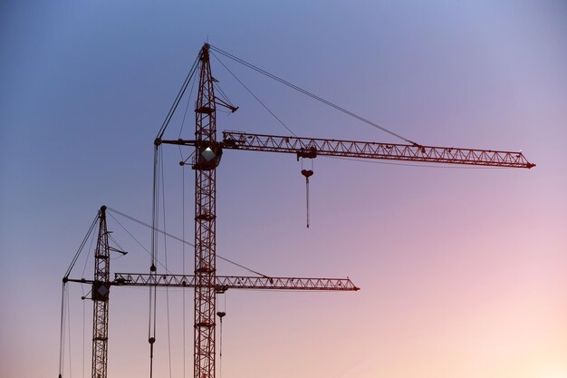 Silhouettes de grues de grande hauteur contre le ciel coucher de soleil rose bleu.