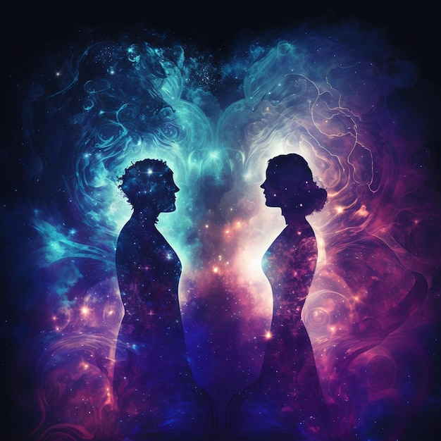 Silhouettes d'homme et de femme au fond cosmique abstrait Corps astral ésotérique
