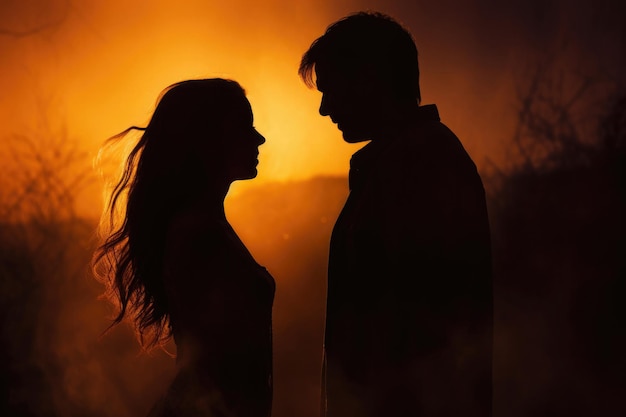 Silhouettes d'homme et de femme ensemble contre le coucher du soleil Couple amoureux Sentiments romantiques