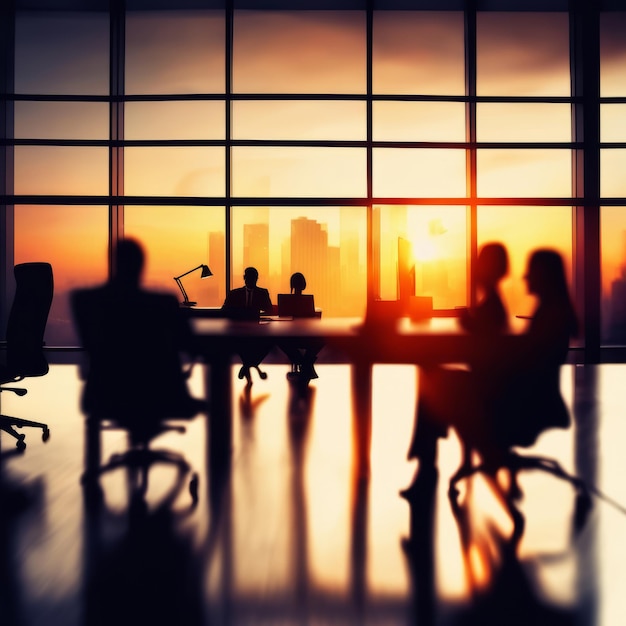 Photo silhouettes d'hommes d'affaires dans un environnement de bureau ambiance coucher de soleil