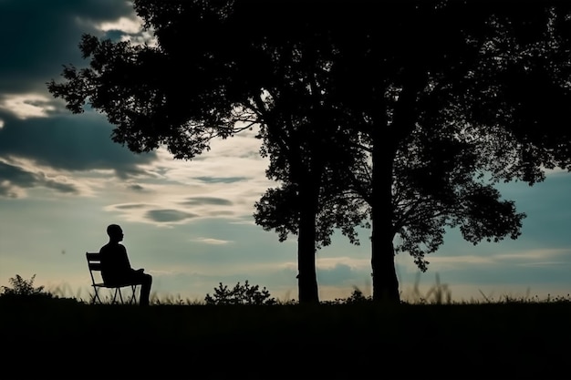 Silhouettes de jeune homme assis sur la chaise près de l'arbre copie espace vide