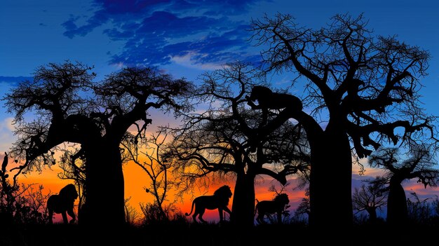 Photo des silhouettes de lions entrelacées avec les baobabs emblématiques de la savane africaine