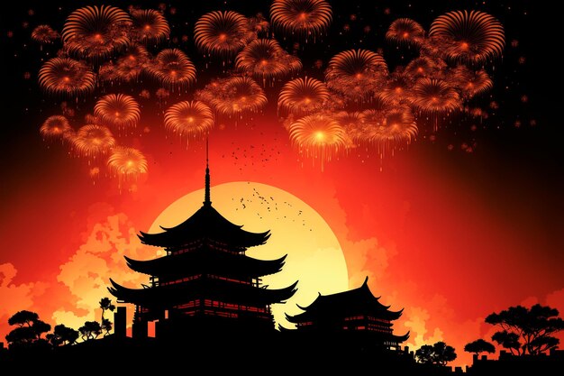 Photo des silhouettes de maisons traditionnelles chinoises dansent sur fond d'un feu d'artifice envoûtant peignant le ciel nocturne avec des couleurs vibrantes ai générative