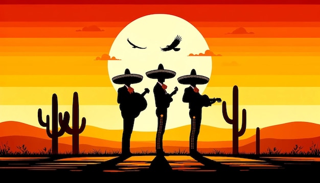 Silhouettes de Mariachi Serenade au coucher du soleil Paysage du désert Nuances chaudes