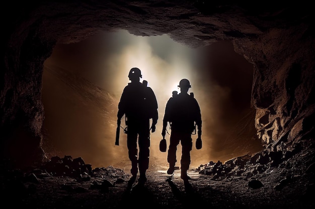 Silhouettes de mineurs dans un casque avec des lanternes dans une grotte sombre exploration et travaux géologiques extraction de charbon lumière chaude AI générative