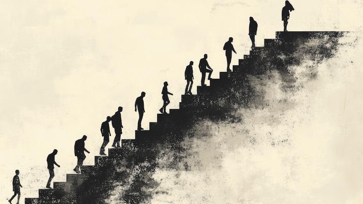 Photo silhouettes monochromes de personnes montant et descendant des escaliers dans un paysage abstrait