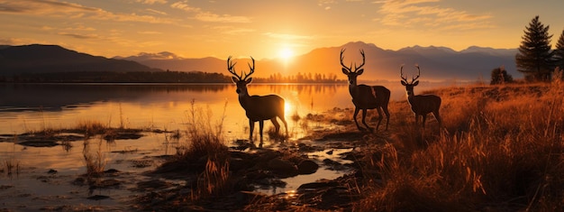 Photo silhouettes de mulets et de cerfs contre un coucher de soleil en soirée