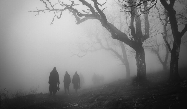 Des silhouettes mystérieuses se promènent dans la forêt brumeuse.