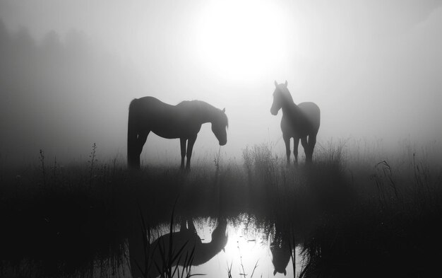 Photo des silhouettes mystiques des chevaux enveloppés dans la brume