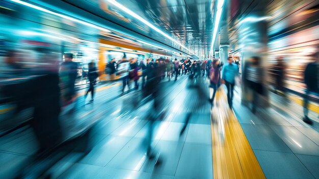 Silhouettes de navetteurs dans le métro ou la gare avec un train en mouvement rapide avec des sentiers lumineux abstraits