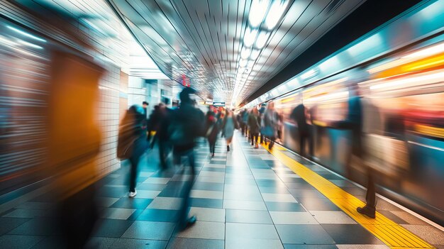 Silhouettes de navetteurs dans le métro ou la gare avec train rapide Heure de pointe dans les transports publics
