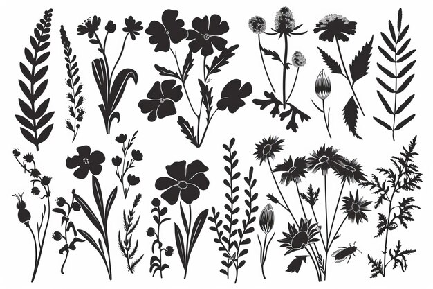 Des silhouettes noires isolées de plantes, de fleurs et d'herbes sur un fond blanc, des croquis dessinés à la main de plantes et d'insectes.