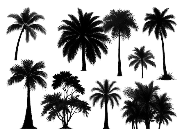 Des silhouettes noires de palmiers tropicaux sur un fond blanc