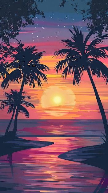 Des silhouettes de palmiers et un ciel nuageux incroyable au coucher du soleil sur une plage tropicale avec un fond de ciel rose pour les voyages et les vacances.