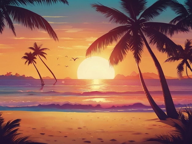 Des silhouettes de palmiers multicolores, du papier peint, des couchers de soleil tropicaux, un fond de plage d'été.