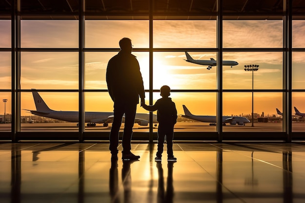 Silhouettes d'un père et d'un fils debout devant une grande fenêtre de l'aéroport