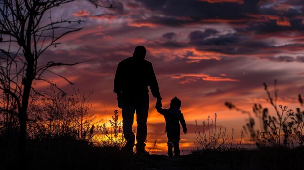 silhouettes de père et fils marchant ensemble moment de liaison familiale à l'extérieur