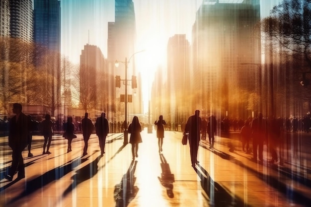 Silhouettes de personnes dans une rue de la ville avec effet de flou de mouvement AI générative