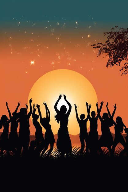 Photo des silhouettes de personnes dansant le bhangra et le gidda contre un ciel de crépuscule capturant le lohri