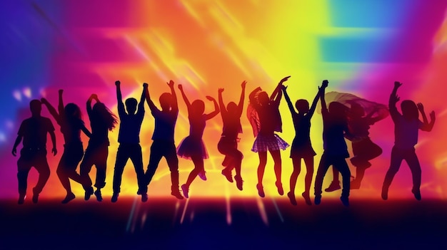 Silhouettes de personnes dansant devant un fond de couleurs vives