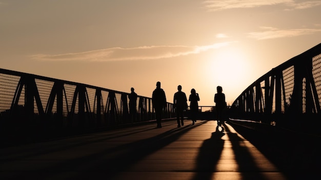 Silhouettes de personnes marchant sur le pont sur fond de coucher de soleil ai générative