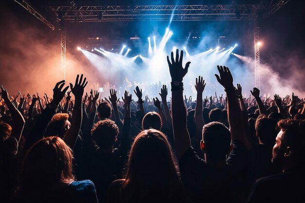 Des silhouettes de personnes méconnaissables tenant les mains en l'air et s'amusant pendant un spectacle musical incroyable.