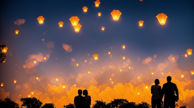 Des silhouettes de personnes regardant beaucoup de lanternes volantes de papier au Festival des lumières la nuit