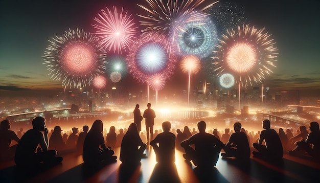 Des silhouettes de personnes regardant l'explosion de feux d'artifice