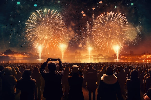 Silhouettes de personnes regardant un feu d'artifice coloré dans le ciel nocturne AI générative