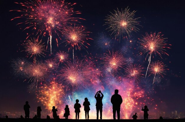 Des silhouettes de personnes regardant les feux d'artifice du Nouvel An