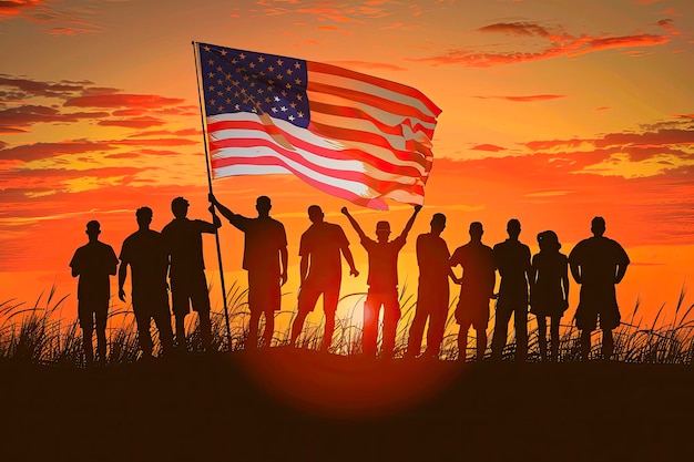 Des silhouettes de personnes tenant le drapeau des États-Unis d'Amérique célèbrent le 4 juillet.