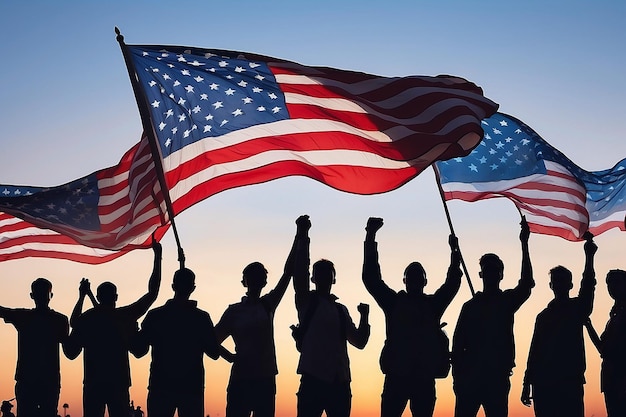 Silhouettes de personnes tenant le drapeau des États-Unis célébrant la fête de l'indépendance de la nation AI générative