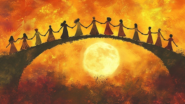 Des silhouettes de personnes traversant un pont en bois sur une rivière vers un coucher de soleil doré