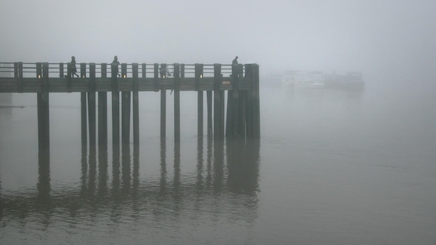 Silhouettes de personnes et de vélos sur une jetée en bois sur la Tamise à Londres pendant une soirée brumeuse gris terne.