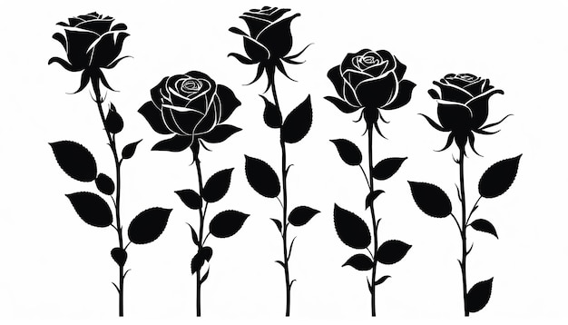 Des silhouettes plates modernes de fleurs de rose noires