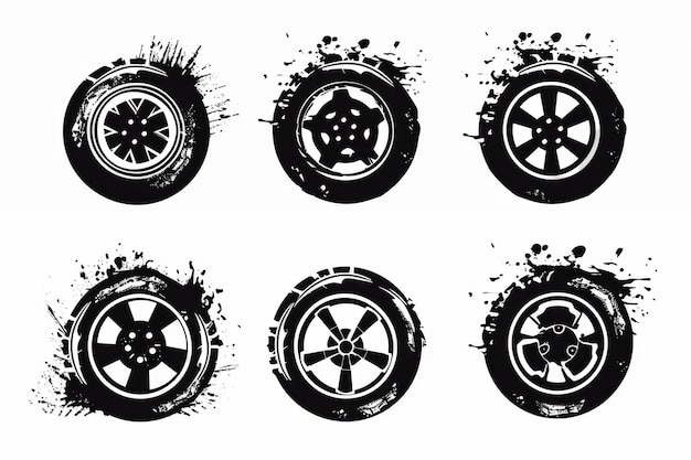 Les silhouettes de pneus de roues de voitures, les graffitis, les symboles de jantes en spray, les roues d'automobiles, les pictogrammes des pneus de voitures.