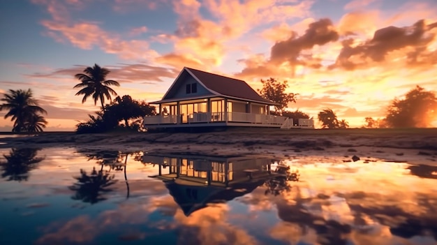 Silhouettes de réflexion de bungalows tranquilles au coucher du soleil dans les Caraïbes