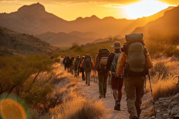 Silhouettes rétroéclairées d'explorateurs dans un désert au coucher du soleil