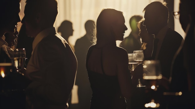 Des silhouettes s'engagent dans une conversation élégante lors d'un cocktail sophistiqué.