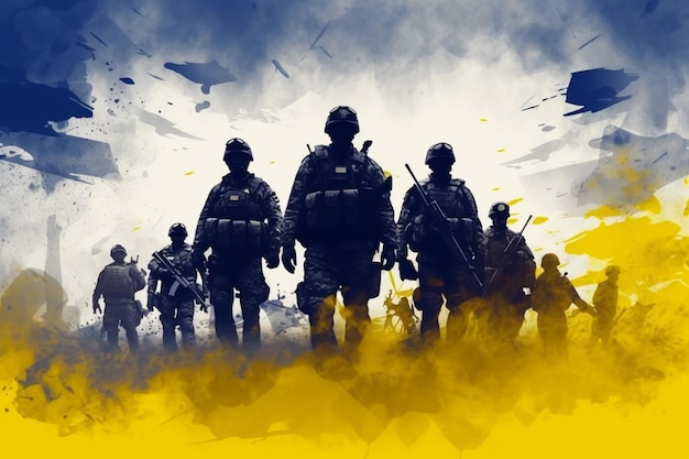 silhouettes de soldats en équipement moderne dans les couleurs du drapeau de l'Ukraine ai génératif
