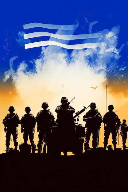 silhouettes de soldats israéliens avec équipement militaire sur fond aux couleurs du drapeau israélien