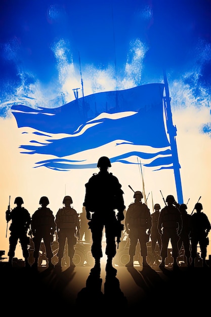 silhouettes de soldats israéliens avec équipement militaire sur fond aux couleurs du drapeau israélien