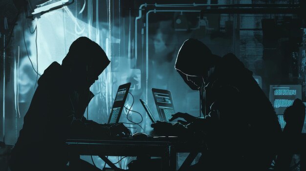 Photo des silhouettes sombres de cybercriminels au travail représentant des hackers et des fermes de trolls avec un sombre présage.