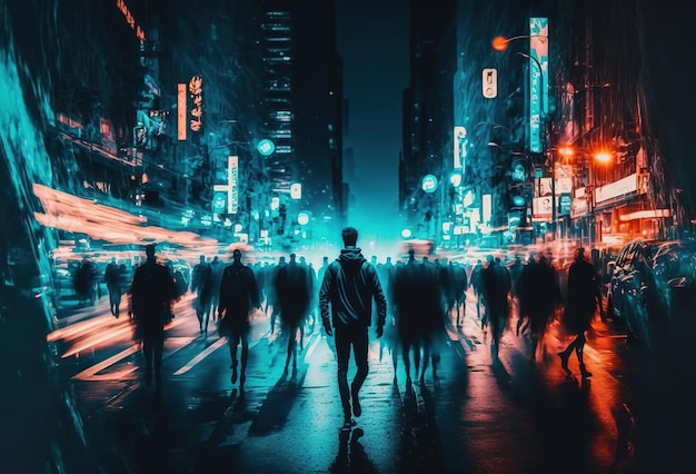 Des silhouettes sombres de personnes pleuvent des reflets dans l'asphalte humide Rue de la ville de nuit éclairée par la lumière au néon Rendu 3D généré par l'IA