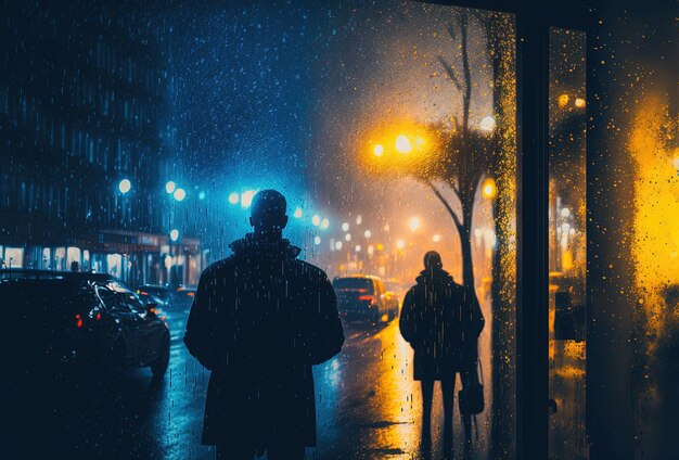 Des silhouettes sombres de personnes pleuvent des reflets dans le verre humide Rue de la ville de nuit éclairée par des néons rendu 3D généré par l'IA