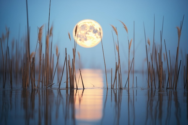 Photo des silhouettes sombres de roseaux de lac contre une lune lumineuse