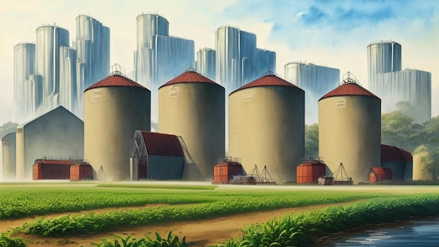 Silos agricoles dans une ville futuriste