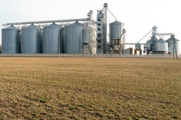 Photo silos d'argent sur l'agro-usine de fabrication pour le traitement, le séchage, le nettoyage et le stockage des produits agricoles farine céréales et grains grands barils de fer de grain ascenseur de grenier