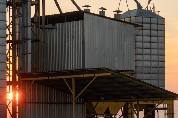 Silos d'argent sur l'agro-usine de fabrication pour le traitement, le séchage, le nettoyage et le stockage des produits agricoles farine céréales et grains Grands barils de fer de grain Ascenseur de grenier